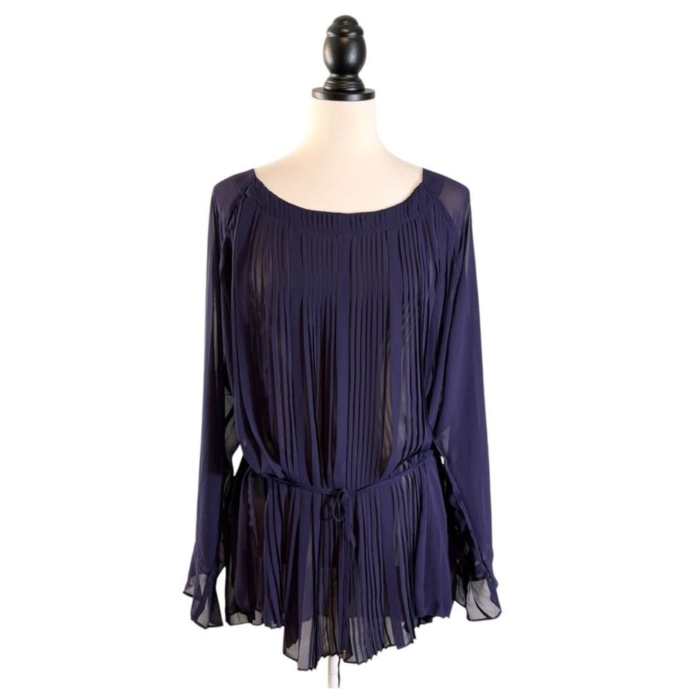 Lane Bryant Sheer Purple Blouse Micro Pleated Flare Sleeve Tie Waist, Size 18/20